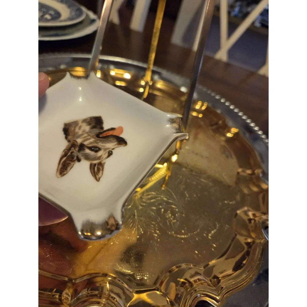 German Shepherd Picture Ashtray White Ceramic Gold Accents Retro Vintage